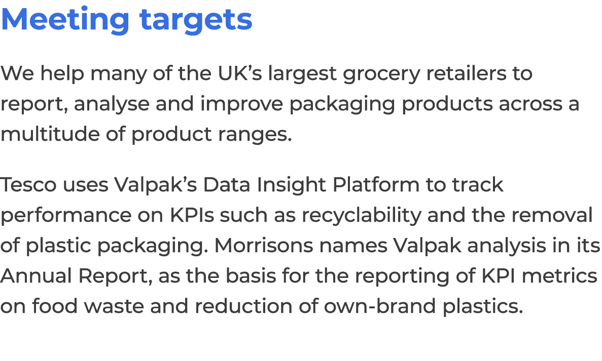 Meeting targets We help many of the UK’s largest grocery retailers to report, analyse and improve packaging products ...