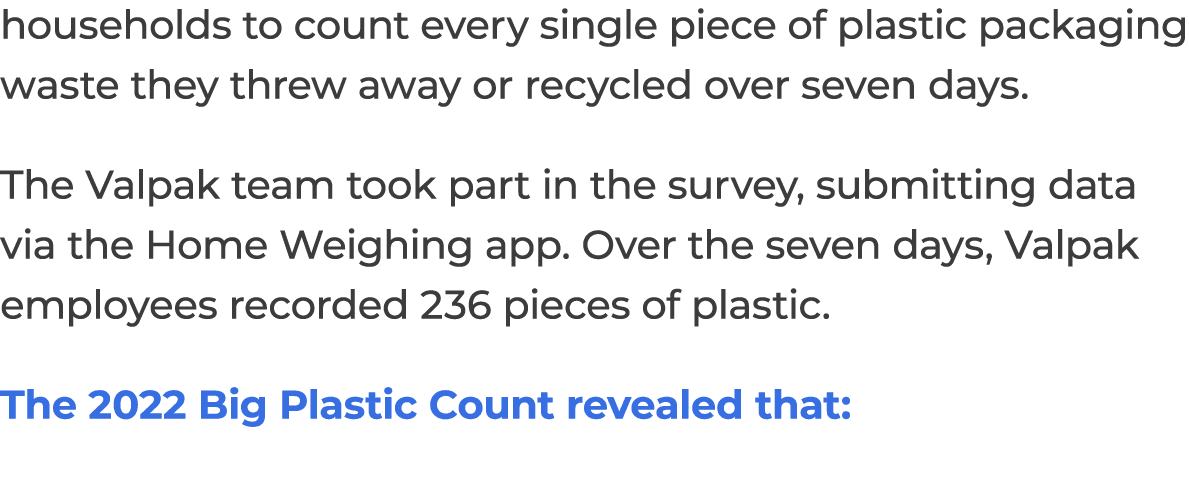 households to count every single piece of plastic packaging waste they threw away or recycled over seven days. The Va...