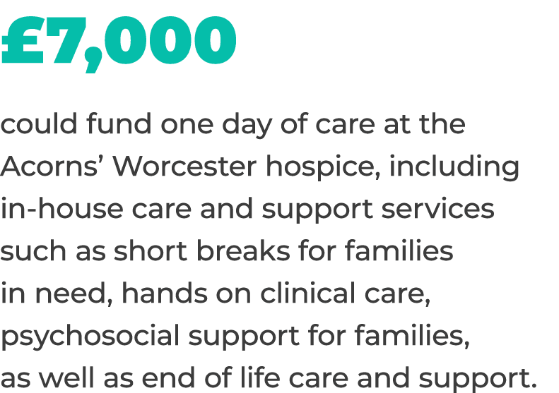 £7,000 could fund one day of care at the Acorns’ Worcester hospice, including in house care and support services such...