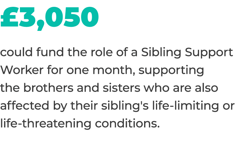 £3,050 could fund the role of a Sibling Support Worker for one month, supporting the brothers and sisters who are als...