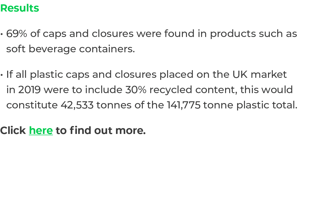 Results 69% of caps and closures were found in products such as soft beverage containers. If all plastic caps and clo...